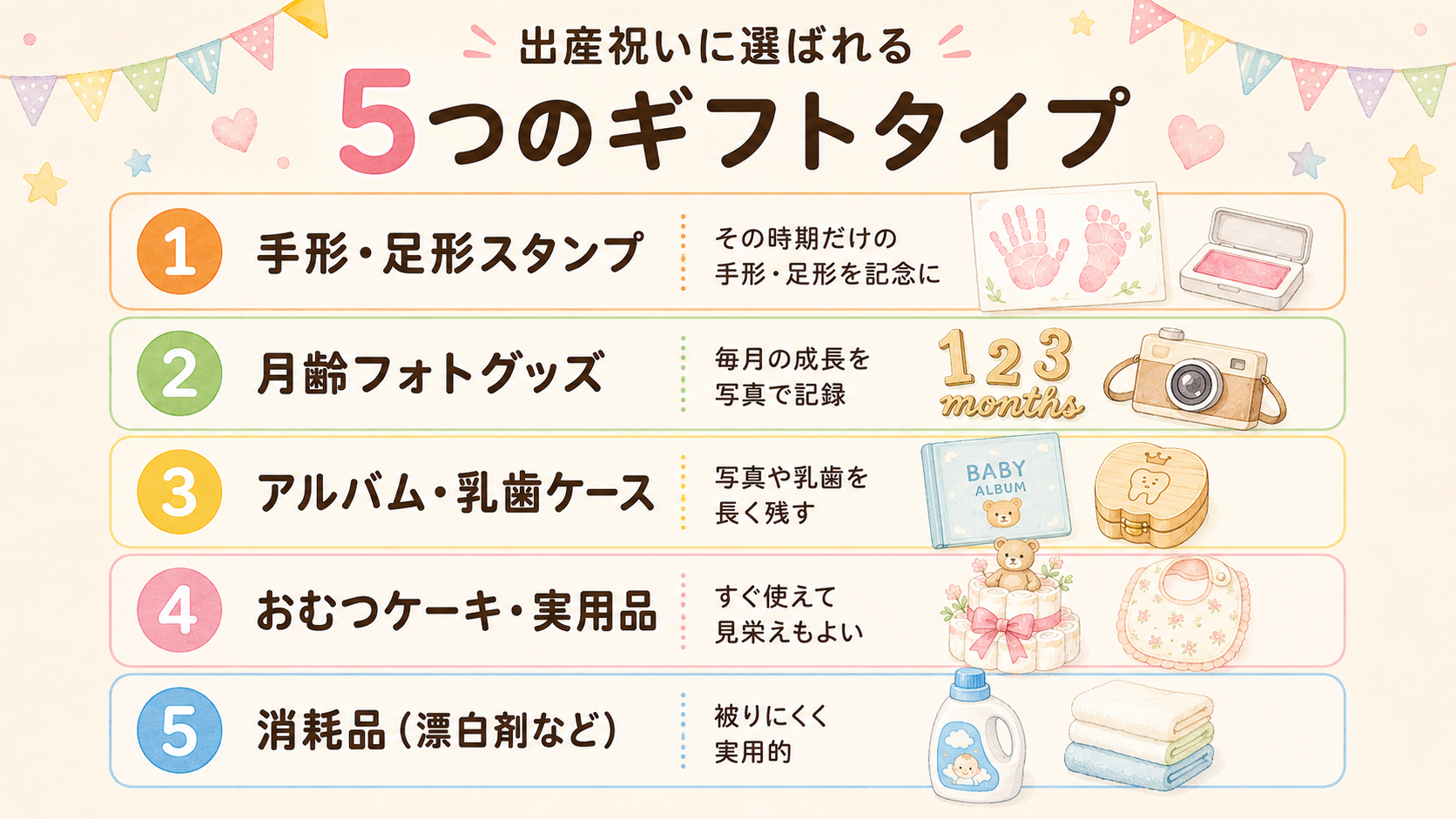 出産祝いギフト5タイプ早見図