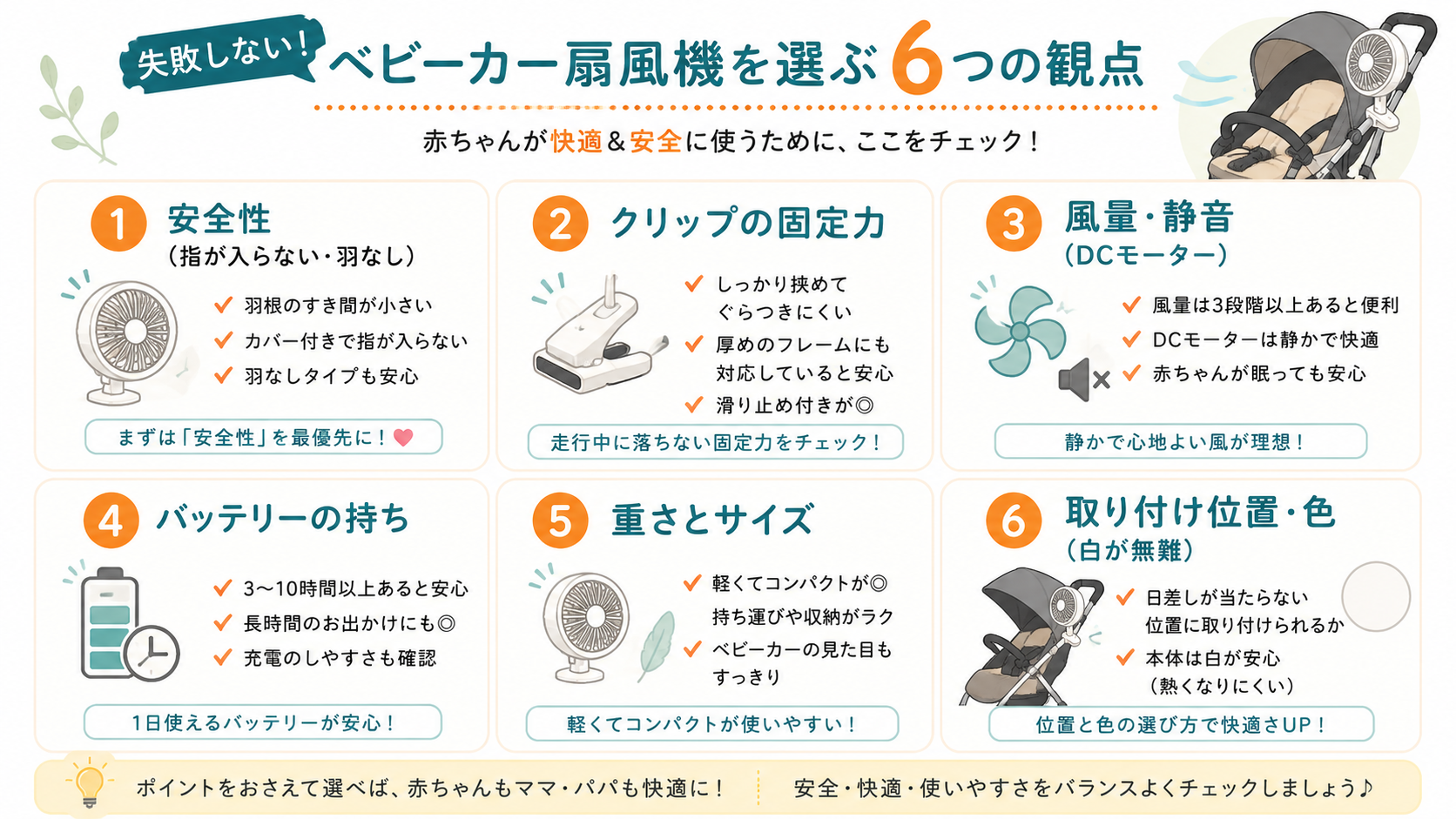 ベビーカー扇風機を選ぶ6つの観点