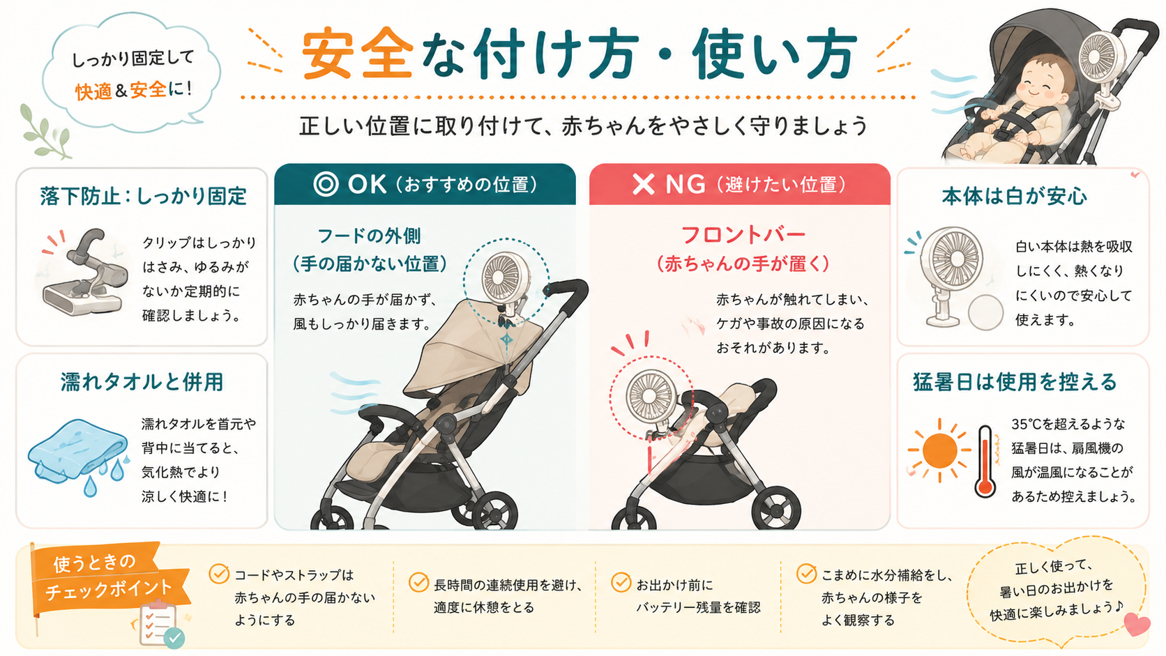 ベビーカー扇風機の安全な付け方