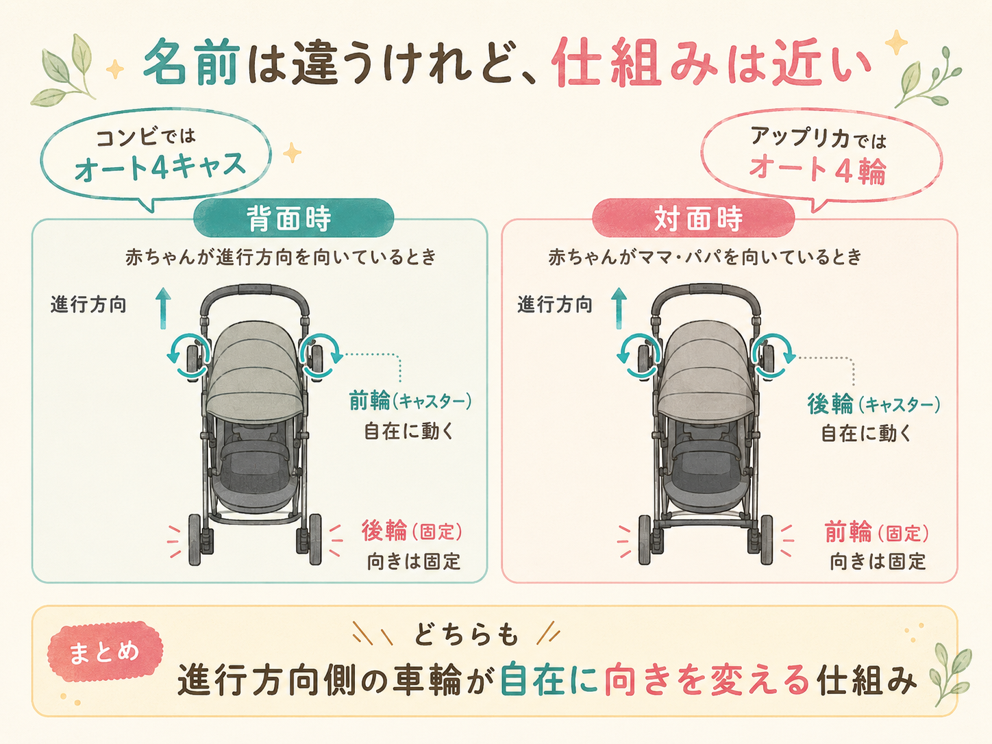 コンビのオート4キャスとアップリカのオート4輪の仕組みの違い