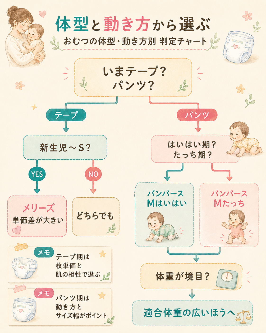 おむつの体型・動き方別判定チャート