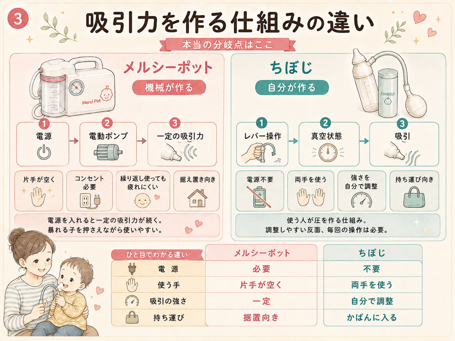メルシーポットとちぼじの吸引の仕組みの違い