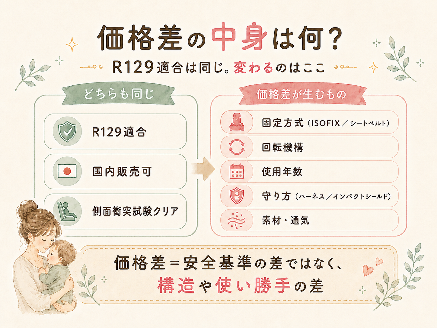チャイルドシートの価格差の中身を分解した図