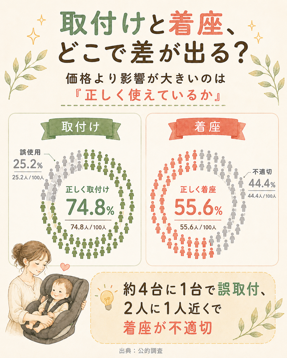 チャイルドシートの取付けと着座の正しさの割合